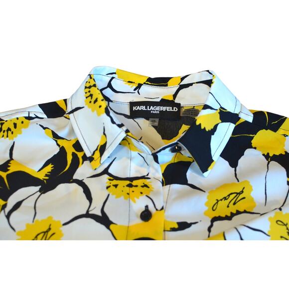 Karl Lagerfeld Paris Yellow & Black Floral Print Daffodil Button Front Blouse - Picture 3 of 6
